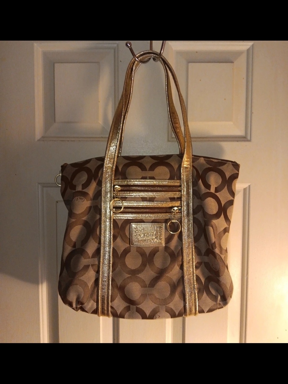 Coach Poppy Brown Signature Tote with Metallic Gold Straps